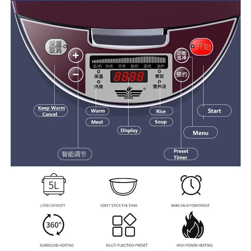 6L Big Rice Cooker Black Smart Screen Multifunction periuk nasi elektrik Non-Stick Rice Cooker For 3-10 People 多功能智能電鍋
